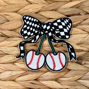 Baseball Cherry Bow Patch | Embroidered Checkered Sports Applique