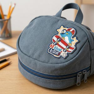 May include: A denim blue backpack with a top handle and a zippered closure. The backpack features a colorful patch of a penguin riding a skateboard with the text "all about action".