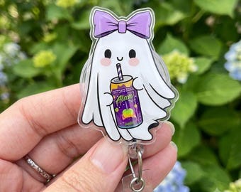 Cute Ghost Soda Badge Reel, Funny Halloween Badge Holder, Retractable ID Clip, Spooky Nurse Gift, Ghost Lover Accessory