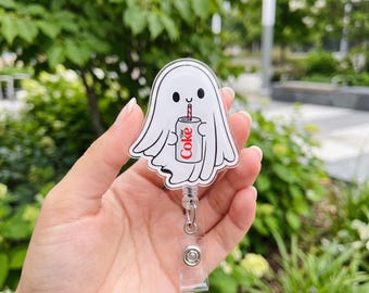 Diet Coke Ghost Badge Reel, Cute Halloween Acrylic ID Holder, Spooky Drink Lover Retractable Badge Clip, Nurse Teacher Gift