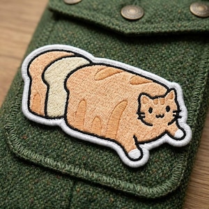 May include: Embroidered patch featuring a cat shaped like a loaf of bread. The patch has a white border and is in shades of tan, cream, and brown. The patch is on a green fabric background with metal button details.