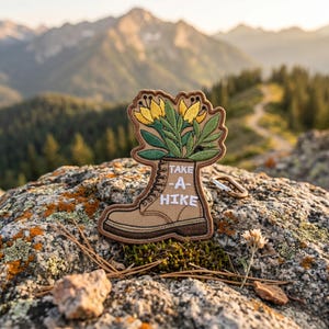 May include: A tan embroidered patch shaped like a hiking boot with a bouquet of yellow flowers and green leaves emerging from the top. The boot features white stitched text that reads TAKE-A-HIKE and includes a small metal carabiner attachment.