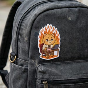 May include: Embroidered patch featuring a cartoon cat with flames around its head, sitting at a desk with a laptop and a mug that says "I HATE MONDAYS." The patch is attached to a black backpack.