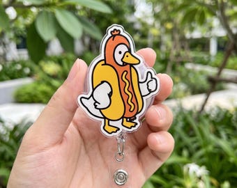 Funny Hot Dog Goose Acrylic Badge Reel, Silly Goose Meme Retractable ID Holder, Cute Animal Badge Clip, Food Meme Gift