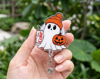 Diet Coke Ghost Pumpkin Badge Reel, Halloween Acrylic ID Holder, Cute Spooky Drink Lover Retractable Badge Clip, Nurse Teacher Gift