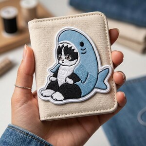 May include: A beige canvas wallet featuring an embroidered patch of a black and white cat wearing a blue shark costume. The wallet has a snap closure and a simple design, perfect for carrying cards and cash.