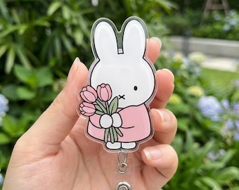 Cute Bunny With Tulip Badge Reel, Kawaii Rabbit Acrylic ID Holder, Floral Spring Retractable Badge Clip, Nurse Teacher Gift