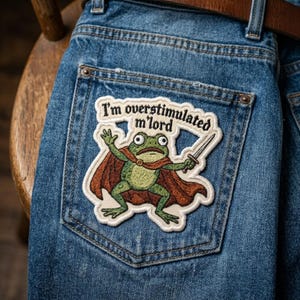 May include: Embroidered patch featuring a cartoon frog wearing a cape and holding a sword, with the text "I'm overstimulated m'lord." The patch is sewn onto the back pocket of a pair of blue denim jeans.