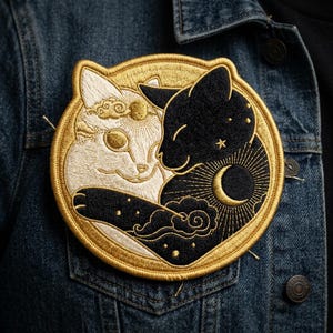 May include: Embroidered patch featuring two cats, one white and one black, embracing within a gold circular frame. The black cat has a crescent moon and stars design. The patch is sewn onto a denim jacket.