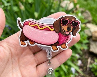 Hotdog Dachshund Acrylic Badge Reel, Funny Wiener Dog Retractable ID Holder, Cute Nurse Badge Reel, Dachshund Lover Gift