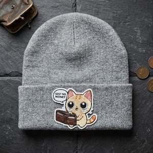 Funny Broke Cat Iron On Patch, Sad Crying Cat with Empty Wallet Embroidered Patch Sarcastic Money Humor Badge for Beanies Bags Cute Cat Gift