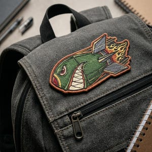 May include: Embroidered patch featuring a cartoon bomb design with a menacing grin and flames. The patch is green, with white teeth, and orange and yellow flames. It is affixed to a gray canvas backpack.