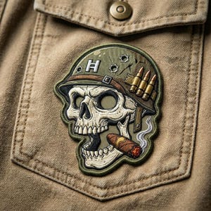 May include: Embroidered patch featuring a skull wearing a military helmet with bullet holes and ammunition. The skull is smoking a cigar. The patch is green, brown, and tan, and is sewn onto a tan pocket.