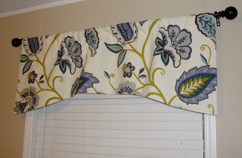 P Kaufmann Petal Pusher Arch Shaped Valance 52x 19 Big Bold Flowers Lined Periwinkle Indigo Brown Citrine Grey Aqua