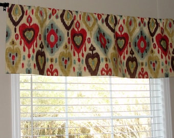 Richloom Ikat Designer Valance 50" wide x 16" long Red Brown Blue Brown Tan Beige LInen Lined with Cotton Muslin Floral