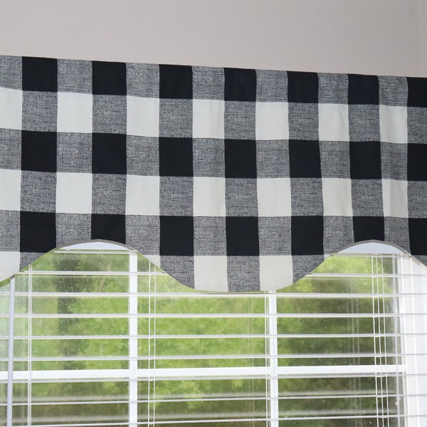 Premier Prints Natural Cream and Black or White and Black Buffalo Check Scalloped Valance 52" wide x 18" long Lined