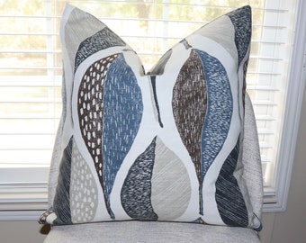 Robert Allen Woodblock Leaf Designer Throw Pillow Cover Bold Leaf Leaves  Brown Steely Blue Cream Grey Gray Choose your Size