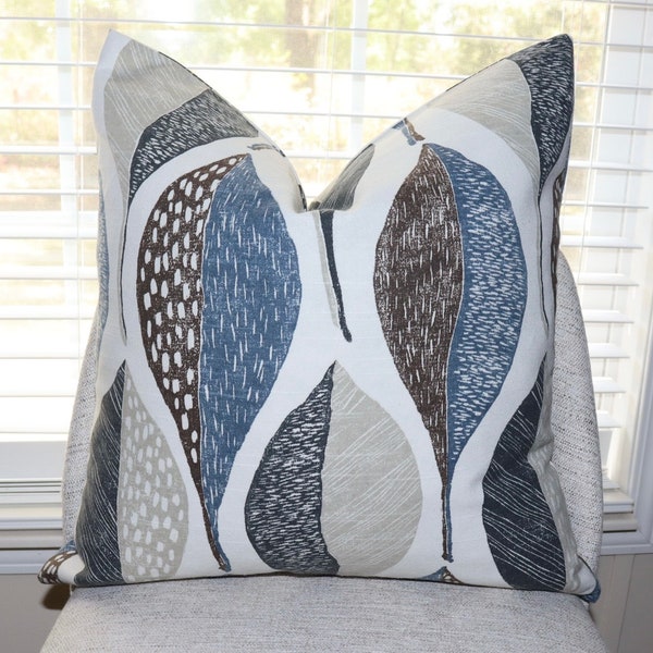 Robert Allen Woodblock Leaf Designer Throw Pillow Cover Bold Leaf Leaves  Brown Steely Blue Cream Grey Gray Choose your Size