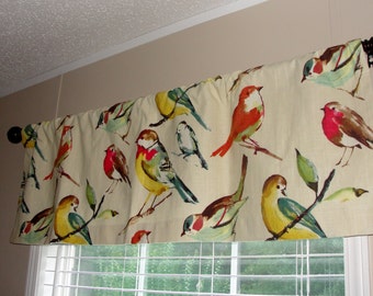 Richloom Birdwatcher Meadow Valance 50" x16" Bold Colorful Birds Lined teal, yellow. brown, ivory, tan Bird Watcher