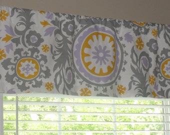 Premier Prints Wisteria Suzani Valance 50" wide x 16" long Lined with Cotton Muslin Gray Wisteria Lilac Yellow