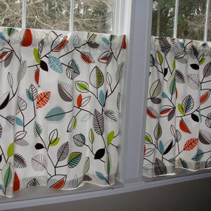 Covington Green Leaf Cafe Curtains 80 wide x 28 long Leaves Lime Green Aqua Blue Orange Brown Ivory Floral image 4