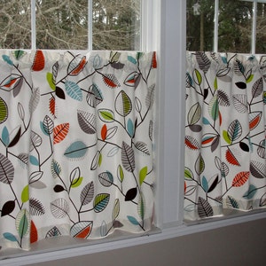 Covington Green Leaf Cafe Curtains 80 wide x 28 long Leaves Lime Green Aqua Blue Orange Brown Ivory Floral image 1