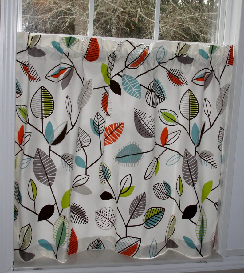 Covington Green Leaf Cafe Curtains 80 wide x 28 long Leaves Lime Green Aqua Blue Orange Brown Ivory Floral image 2