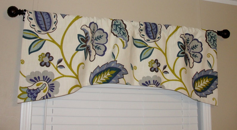 P Kaufmann Petal Pusher Arch Shaped Valance 52x 19 Big Bold Flowers Lined Periwinkle Indigo Brown Citrine Grey Aqua