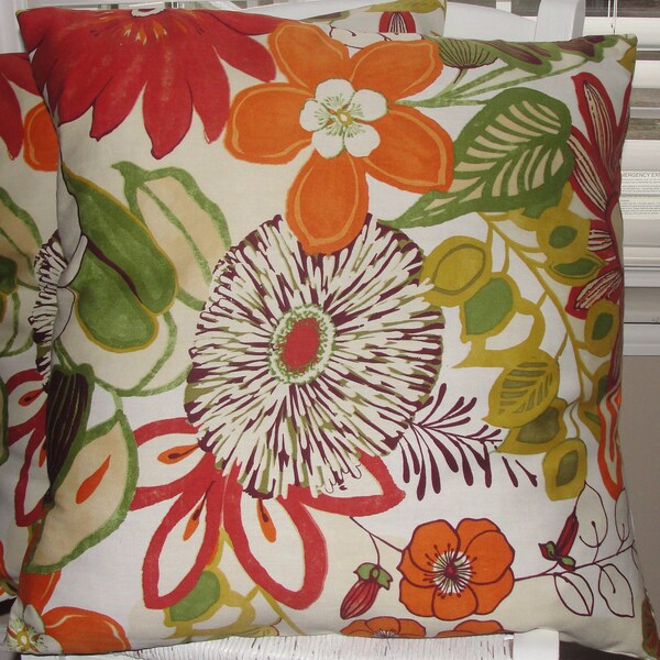 Clearance Priced Designer Throw Pillow Covers 20"x20" Set of 2 Robert Allen Big Bold Orange and Rust Flowers Green Leaves Very Colorful