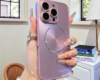 Custodia per telefono lucida Magsafe Glitter Aurora di lusso per iPhone 15 16 17 Pro Max 14 Plus 13 12 11 con protezione completa dell'obiettivo e cover posteriore