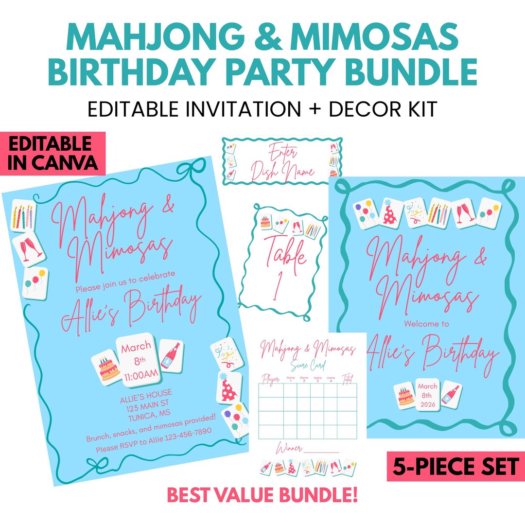 Mahjong Birthday Brunch Decor Kit, Editable Invitation, Food Tents ...