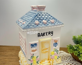 Vintage Ceramic Cookie Jar with Lid Bakery Blue Roof House Kitchen Storage Retro Decor