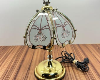 Vintage 1980's MCM Metal Gold Toned Floral Stained Glass Touch Lamp | Small Accent Table Lamp