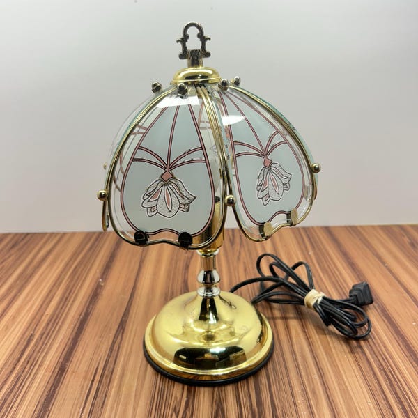 Vintage MCM Gold Floral Stained Glass Touch Lamp | Small Accent Table Light