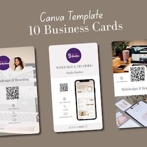 May include: Three business card designs with the text "Canva Template 10 Business Cards." Each card features the "Studio Shodwe" logo, a QR code, and contact information. One card includes a photo, another a phone mockup.