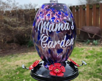 Comedero personalizado morado para colibríes, comedero de vidrio personalizado para pájaros, regalo para mamá.