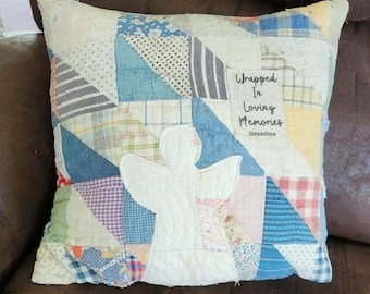 Personalized Angel Vintage Quilt Memorial Pillow, “Wrapped in In Loving Memories”