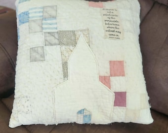 Church Pillow from Upcycled Vintage Quilt Blocks Cottage Core Room Decor