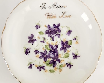 Platillo vintage Norcrest con flores moradas: plato floral de porcelana desigual