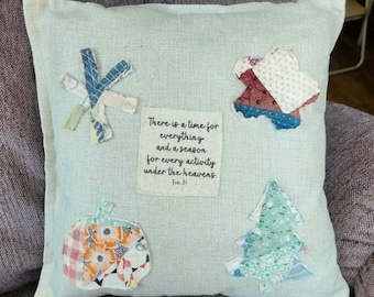 Muslin Pillow with Vintage Quilt Seasons and Ecclesiastes 3:1 | Scripture Home Decor