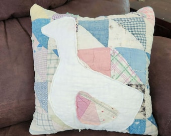 White Antique Quilted Goose on Vintage Quilt Pillow