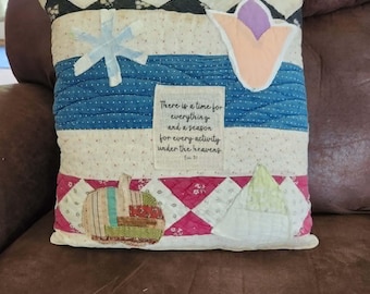 Scripture Seasons Pillow from Vintage Quilt with Snowflake, Flower, Pumpkin and Tree