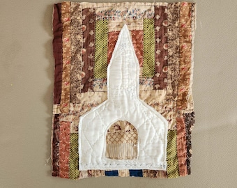 Country Church Patch Work Upcycled Quilt Framed Textile Wall Art