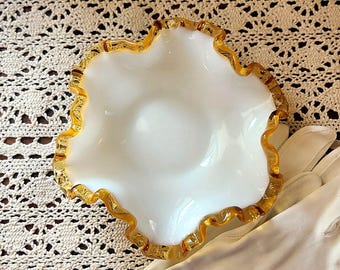 Fenton Gold Crest Milk Glass Compote Vintage Ruffled Bowl