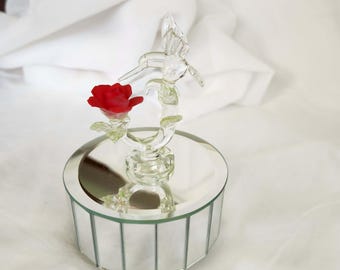 Vintage Mirrored Glass Hummingbird Music Box with Rose Decorative Keepsake