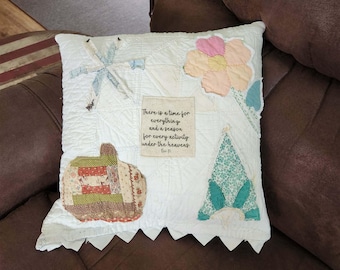 Vintage Quilt Scripture Seasons Prayer Pillow, Snowflake Flower Pumpkin Tree (16"x16")