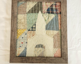 Framed Textile Wall Art Vintage Quilt Blocks Church