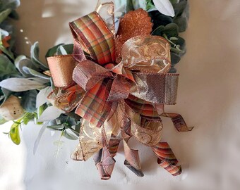 Bow Wreath Attachment with Glittery Leaf and Fall Plaid Ribbon