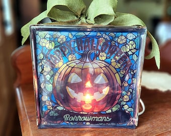 Lighted Halloween Pumpkin Glass Block: Personalized Fall Decoration