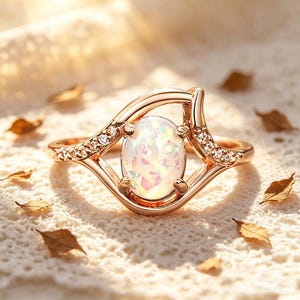 Op de afbeelding: Roségouden ring met een ovale opaal edelsteen. De ring heeft een uniek ontwerp met kleine accentstenen en een gebogen band. De opaal toont iriserende kleuren en de ring ligt op een getextureerd, gebroken witte ondergrond.